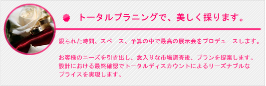 トータルプラニングで、美しく採ります。限られた時間、スペース、予算の中で最高の展示会をプロデュースします。お客様のニーズを引き出し、念入りな市場調査、プライスを提案します。